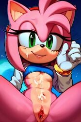 ai_generated amy_rose breathtaker cum cum_on_body cum_on_face cum_on_stomach female female_only furry furry_female green_eyes pussy pussy_juice short_hair sonic_(series) sonic_the_hedgehog_(series) spread_legs