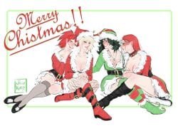 4girls boots christmas christmas_outfit cleavage eijirou_kirishima female female_focus female_only genderswap_(mtf) izuku_midoriya jolly_kings katsuki_bakugou my_hero_academia red_hair rule_63 santa_dress santa_hat short_skirt shouto_todoroki