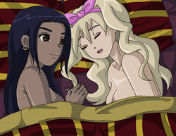 2girls bed black_hair blanket blonde_hair bow breasts brown_eyes closed_eyes dark-skinned_female dark_skin earrings female glee-chan gryffindor gryffindor_tower harry_potter hogwarts lavender_brown light-skinned_female light_skin long_hair lying lying_on_bed lying_on_side male medium_breasts mouth_open nude on_bed open_eyes open_mouth parvati_patil pillow sleeping yuri