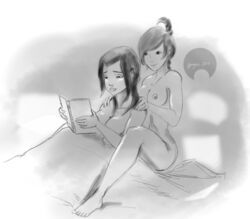 2girls apogee_(artist) avatar_the_last_airbender azula bed blanket book duo female female_only human large_breasts massage medium_breasts monochrome multiple_females nude reading sitting smile ty_lee yuri