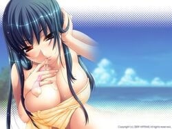 1girls adjusting_hair ane_summer_2 blue_hair blush breasts brown_eyes cleavage cloud clouds condom cum cum_in_mouth female fujisaka_kuuki game_cg large_breasts long_hair looking_at_viewer nude ocean sky smile solo sweat towel used_condom wallpaper water