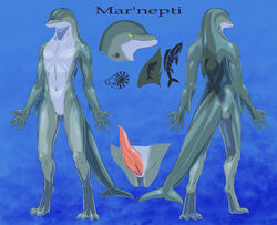 1boy anthro cetacean digitigrade dolphin dorsal_fin equus erection fish four_toes furry genital_slit male male_only mammal marine model_sheet navel nude penis prehensile_penis shellfish simple_background slit solo standing tattoo yellow_eyes