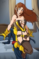 1girls bed breasts brown_hair cleavage costume female gloves hazel_eyes intangibility kitty_pryde lingerie long_hair marvel pussy see-through shadowcat sheer smile solo uncensored undressing x-men zet-m zet13