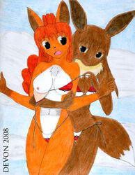 5_fingers anthro bikini black_nose breasts brown_fur brown_hair closed_mouth clothes color day devon eevee female female_only front_view fur furry furry_breasts furry_ears furry_tail hair interspecies multiple_females multiple_tails open_mouth orange_fur outdoors pointy_ears pokemon pokemon_(species) smile standing straight_hair tail uncensored vulpix white_fur yellow_eyes yuri