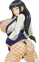 ass black_hair breasts female female_only fishnet_bodysuit fishnets human hyuuga_hinata large_breasts lipstick long_hair lowres makeup naruto naruto_shippuden ninja smile solo thong transparent_background warnerc