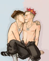 blonde_hair closed_eyes crown dog_tags erect_nipples gay hand_down_pants hand_on_shoulder kissing male male_focus male_only pants_open scout selfcest slouch_cap tagme team_fortress_2 topless xiggeh