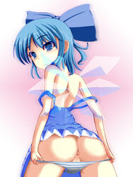 1girls anus ass back bare_shoulders blue_eyes blue_hair blush bow breasts cirno female female_focus female_only large_bow looking_back nipples panty_pull pussy short_hair small_breasts sole solo_focus striped_panties touhou uncensored undressing wings