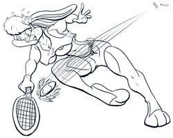 anthro barefoot breasts female female_only front_view fur furry furry_breasts furry_ears hair lola_bunny long_ears looney_tunes mammal monochrome motion_lines oinuttah rabbit racket short_hair solo space_jam tagme tennis_ball tennis_racket underboob