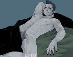 1boy balls black_sclera blanket body_hair flaccid flaccid_penis hands_behind_head hoshigaki_kisame lying_on_back male male_nipples male_only male_pubic_hair naruto nude_male ring solo solo_male tagme