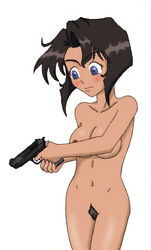 1girls black_hair breasts dark-skinned_female dark_skin dcl female firearm gunsmith_cats handgun human rally_vincent short_hair tagme weapon white_background