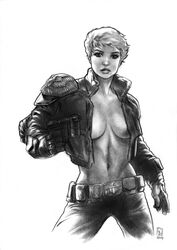 1girls 2014 black_and_white breasts cassandra_anderson cleavage clothed female female_only front_view gloves greyscale gun holding_gun human huy-truong jacket judge_anderson judge_dredd_(franchise) monochrome pants partially_clothed short_hair simple_background solo standing unzipped weapon white_background