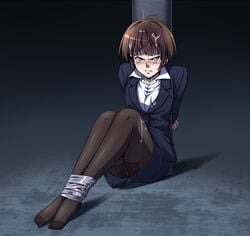 2013 angry bondage brown_hair cum cum_on_hair cyberpunk duct_tape helpless jump_sq. pantyhose pencil_skirt production_ig psycho-pass sakuraba_tsukasa short_hair tears tsunemori_akane yellow_eyes