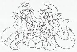 bat breasts canine female fox fur furry_tail handjob interspecies kneeling male miles_(anti-tails) monochrome multi_tail multiple_males nipples nude penis praiz rouge_the_bat sega sonic_(series) standing straight tail tails testicles vulva