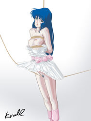 1girls blue_hair bondage breasts clothing dress earrings female human idol krull large_breasts light-skinned_female light_skin long_hair lynn_minmay macross nipples nude pubic_hair pussy rope small_breasts solo super_dimension_fortress_macross tied_up