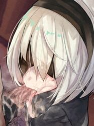 cum dark-skinned_male fellatio nier nier:_automata pubic_hair suushiki tagme white_hair yorha_2b