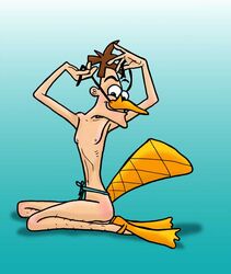 1boy brown_hair cosplay costume dr_heinz_doofenshmirtz human kneeling looking_at_viewer male male_only mostly_nude no_visible_genitalia phineas_and_ferb solo swimming_fins tagme tail tripperfunster what