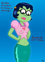 black_hair bow embarrassed female glasses green_skin mermaid midriff nipples nipples_visible_through_clothing princess_mindy see-through smooth_skin solo spongebob_squarepants tagme text underwater val_(artist) wet wet_clothes wet_clothing wet_shirt wet_t-shirt