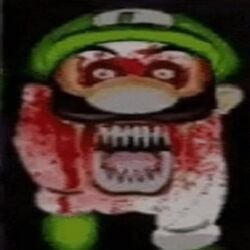 blood bloodshot_eyes bloody_hands gloves hands_on_face hat lost_media luigi mario_(series) moustache nintendo scary screaming sharp_teeth shitpost what