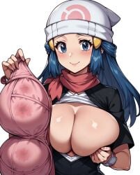 ai_generated athletic_female blue_eyes blue_hair blush bra covering_breasts dawn_(pokemon) embarrassed game_freak gigantic_breasts holding_bra huge_bra huge_breasts light-skinned_female light_skin long_hair massive_breasts nintendo pokemon pokemon_dppt solo_female squatting sweat sweatdrop voluptuous voluptuous_female