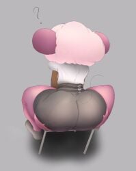 1boy ? afro ass ass_focus fat_ass femboy looking_away mouse_boy mouse_ears on_chair purple_skin rear_view sera_(stratosphilia) shirt skirt stratosphilia_(artist) tight_skirt white_hair