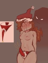 1boy 1futa alex_(minecraft) breasts christmas christmas_hat christmas_panties cock_sock embarrassed_nude_futa female futa futanari herobrine microsoft minecraft mojang no_pupils orange_hair small_breasts unseen_male white_eyes