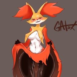 2024 absurd_res anthro aroused bedroom_eyes big_breasts black_body black_fur black_nose blush blush_lines bodily_fluids breast_curtains breasts canid cheek_tuft delphox dripping eyelashes facial_tuft female front_view fur gatox_(artist) generation_6_pokemon genital_fluids grey_background half-closed_eyes head_tilt hi_res inner_ear_fluff looking_at_viewer mammal multicolored_body multicolored_fur narrowed_eyes navel nintendo nipple_outline nude nude_anthro nude_female pointy_ears pokemon pokemon_(species) prick_ears pseudo_clothing pseudo_skirt pseudo_skirt_lift pussy_juice_drip pussy_juice_on_leg red_body red_eyes red_fur red_inner_ear_fluff seductive sharp_teeth signature simple_background smile smiling_at_viewer snout solo standing teeth tuft vaginal_fluids white_body white_fur wide_hips yellow_body yellow_ears yellow_fur