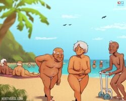 beach_towel chubby_female gilf grey_hair grey_pubic_hair nortuet nude_beach nudist_beach ocean old_man old_woman sand sandals tagme tan_skin white_hair