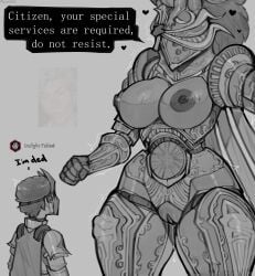 ace_(claweddrip) armor astarion baldur's_gate_3 big_breasts claweddrip dominant_female female_domination femdom greyscale imminent_death_by_snu_snu imminent_sex imminent_snu_snu knight larger_female male/female meme pussy_juice pussy_juice_drip robot_on_human smaller_male steel_watcher submissive_male