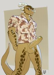 anthro argonian balls bottomless bottomless_anthro bottomless_male clothed clothing digital_media_(artwork) erection foreskin genitals hi_res horn humanoid_genitalia humanoid_penis lion21 looking_at_viewer male microsoft partially_retracted_foreskin penis scalie shirt simple_background smile solo standing tail the_elder_scrolls topwear