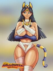 ankha bedbug_(artist) big_breasts black_hair cat_ears cat_tail cosplay embarrassed isis_ishtar isis_ishtar mummy mummy_costume mummy_wrappings thick_thighs yu-gi-oh!