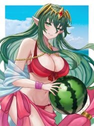 1girls breasts female female_only fire_emblem green_eyes green_hair nagi_(fire_emblem) nintendo solo swimsuit zqzbq