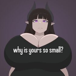 bangs big_breasts big_breasts big_cleavage brown_hair cleavage dark_hair demon female femdom huge_breasts huge_breasts huge_cleavage looking_down meme pointy_ears pov pov_eye_contact purple_eyes small_penis_humiliation sph succubus tall tall_female tall_girl taller_female taller_girl text uninterested uninterested_female vanilireph