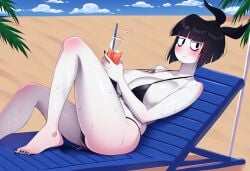 1girls adult_swim ai_generated beach beach_chair big_breasts bikini blush creepy_susie drink goth looking_at_viewer nail_polish ocean ribbon the_oblongs