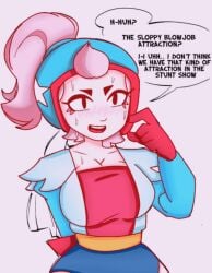 1girls big_breasts blush brawl_stars color color_edit dialogue english english_text female female_focus female_only fully_clothed gloves hat janet_(brawl_stars) light_skin pink_background pink_hair stuttering sweat tagme zoesephz