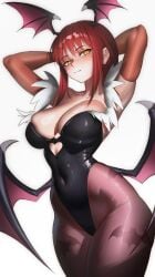 animal_print arms_behind_head arms_up bat_print bat_wings black_leotard blush breasts chainsaw_man cleavage clothing_cutout commentary cosplay covered_navel cutout_above_navel darkstalkers demon_girl english_commentary female fur-trimmed_leotard fur_trim head_wings heart_cutout highleg highleg_leotard highres kuroyara large_breasts leotard long_hair looking_at_viewer low_wings makima_(chainsaw_man) morrigan_aensland morrigan_aensland_(cosplay) pantyhose print_pantyhose red_hair ringed_eyes simple_background smile solo thick_thighs thighs white_background wings yellow_eyes