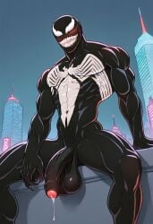 abs ai_generated balls biceps big_balls big_penis black_body blush gay looking_at_viewer male male_only marvel muscular muscular_male nude_male pecs penis precum smile symbiote toned_body toned_male twall97 uncut venom_(marvel)