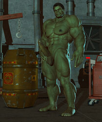 1boy 3d barefoot erection feet green-skinned_male green_skin huge_cock hulk hulk_(series) male male_only marvel muscular muscular_male nude penis solo warehouse yolco