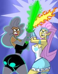 alien_girl big_ass big_breasts danny_phantom dawna_fenton dawna_phantom flaming_sword nickelodeon nicktoons pink_hair princess_mandie samperez sword_fight the_fairly_oddparents thick_thighs tight_clothing white_hair