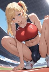 1futa 2d abs ai_generated arm_support bangs bare_shoulders big_breasts blonde_hair blue_eyes breath bulge buruma day flaccid from_below full_body futanari hand_on_knee large_breasts long_hair low-angle_view navel panties parted_lips santopati scrunchie self_upload shiny_skin shoes side_ponytail solo sports_bra sportswear squatting stadium sweat sweatdrop sweating thick_thighs track_and_field track_uniform uncensored