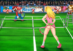 1girls 5boys ankle_socks anklehighs ass ball bare_shoulders blonde_hair blue_eyes brown_hair butt cap clothes color dress earrings female gloves hair hat human interspecies light_skin long_sleeves male mario mario_(series) mario_tennis multiple_males mustache nintendo overalls piercing ponytail princess_peach shoes skirt skirt_lift socks tagme tennis tennis_ball tennis_court tennis_racket tennis_uniform thong toad_(mario) toadsworth white_socks yunasakura