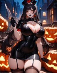 ai_generated big_breasts black_hair black_lipstick breasts covered_nipples curvy curvy_body curvy_female curvy_figure curvy_hips emotionless fit_female garter_straps gloves goth goth_girl halloween halloween_costume knife mature_female nurse nurse_cap nurse_uniform nyx_(starlightnex) original original_character pale_skin slim_waist starlightnex stockings thick_ass thick_hips thick_legs thick_lips thick_thighs tight_clothing visible_areolae visible_nipples wide_hips