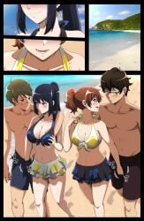 2boys 2girls absurdres beach bikini black_bikini black_hair blush borrowed_clothes breasts brown_hair collarbone floral_print footprints glasses grabbing_another's_breast groping hand_on_another's_shoulder handjob handjob_over_clothes handjob_under_clothes hibike!_euphonium highres inazuma_(57587842) kousaka_reina large_breasts long_hair looking_at_another male_swimwear mismatched_bikini multiple_boys multiple_girls navel ocean oumae_kumiko ponytail purple_eyes sand short_hair swim_trunks swimsuit taki_noboru tsukamoto_shuuichi yellow_bikini yellow_eyes