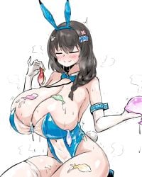 1girls after_fellatio after_sex armband black_hair blue_hair blue_leotard blush braid breasts bukkake bunny_ears bunnysuit cleavage closed_eyes condom covered_navel cum cum_in_mouth cum_on_body cum_on_breasts elbow_gloves excessive_cum fake_animal_ears fake_tail geist43195783 goddess_of_victory:_nikke hair_ornament highleg highleg_leotard holding huge_breasts leotard long_hair mary_(medical_rabbit)_(nikke) mary_(nikke) name_tag official_alternate_costume simple_background sitting solo solo_female streaked_hair thighhighs used_condom white_background white_gloves white_thighhighs