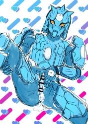 1boy 3_horns armor armored_male blue_armor blue_skin blush blush_lines censor_bar censored censored_penis creampied cum cum_drip cum_dripping_from_anus cum_dripping_from_ass cum_dripping_from_penis cum_in_pussy heart heart_background holding_own_leg holding_up_leg holding_up_own_leg imagin kamen_rider kamen_rider_den-o_(series) leg_up legs_spread male_focus male_only orange_eyes solo sweatdrop sweating tear tears tears_in_eyes turtle urataros