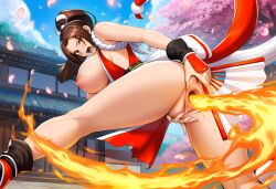 ai_generated anus ass asshole cherry_blossoms cherry_tree fatal_fury female fighting_stance fireball flames holding_fan king_of_fighters kunoichi looking_back mai_shiranui ponytail pussy ryuuenbu special_attack special_move spreading_pussy street_fighter street_fighter_6 torn_clothes