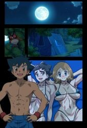 1boy 2girls bikini diantha_(pokemon) outdoors pokemon pokemon_(anime) pokemon_xy satoshi_(pokemon) serena_(pokemon) swimsuit underwear_only yxyyxy