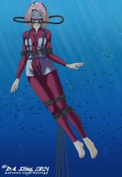 1girls 5_toes barefoot boruto:_naruto_next_generations damsel_in_distress dastigy diving_suit feet female female_only female_solo green_eyes heroine_in_trouble jewel_on_forehead milf naruto naruto_(series) peril pink_hair sakura_haruno scuba scuba_gear scuba_mask scuba_tank soles solo solo_female solo_only toes underwater underwater_peril