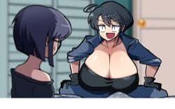 1boy 1girls 30th_video_rentals alternate_breast_size bedroom bedroom_eyes big_breasts black_hair blush breasts breasts_bigger_than_head busty chuuko_rental cleavage clothing color curvy female gigantic_breasts glasses half-closed_eyes huge_breasts hyper hyper_breasts indie_virtual_youtuber indoors jumpsuit kataochi_chuuko kataoti_30 large_breasts light-skinned_female light_skin looking_at_another massive_breasts nakako_kataochi plump short_hair simple_background smile talking thick_ass top_heavy virtual_youtuber vtuber