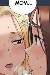 2girls after_kiss blonde_hair blush brown_eyes brown_hair daughter eye_contact incest keep_it_a_secret_from_your_mother mother mother_and_daughter na-yeon open_mouth saliva sweat webtoon yeon-ah yuri