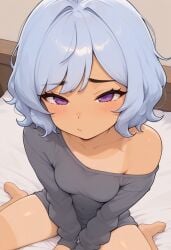 above_view ai ai_generated angry angry_expression angry_face anime anime_style cheek civitai cute cute_face eyes fear gray_shirt káeli_xyovka_(character) kaybur_(series) kneeling kneeling_female kneeling_oral_position la_coroneta_(series) looking_at_viewer nervous nervous_female nervous_smile only_female open_legs panties panty pot pov purple purple_eyes purple_panties shirt shirt_only short_hair short_hair_female shy shy_female sitting sitting_on_bed skyblue_hair small_breasts tantrum tsundere typh
